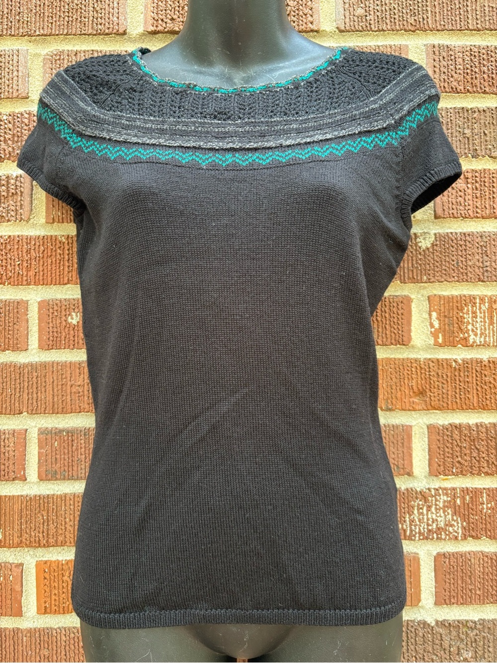 Dana Bachman Women’s Sz M Short Cap sleeve Wool Knit Green Black Sweater Top